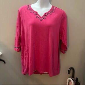 Embroidered Pink Women's Top Denim&Co 2X Spring Casual Quarter Length